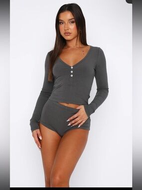 White Fox Girl Talk Long Sleeve Ribbed V-Neck Grey Pj Set